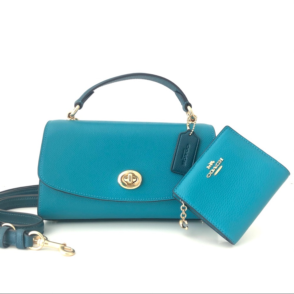 Coach Tilly Satchel 23 Teal Blue Purse Wallet Set